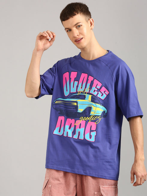 Royal Blue Oversized Printed Raglan T-shirt